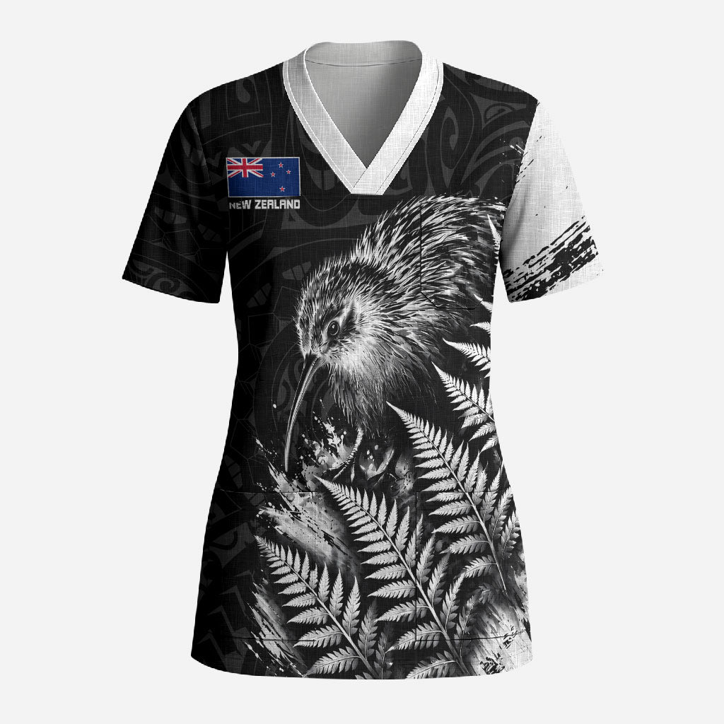Personalized New Zealand Kiwi Bird Scrub Top Grunge Maori Tribal Pattern Silver Fern TS04 Adult Black White - Polynesian Pride