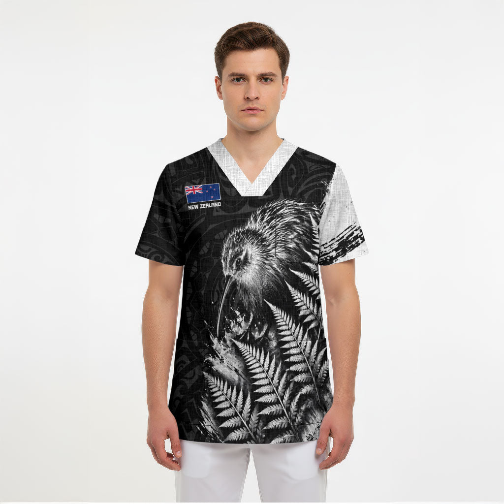 Personalized New Zealand Kiwi Bird Scrub Top Grunge Maori Tribal Pattern Silver Fern TS04 - Polynesian Pride