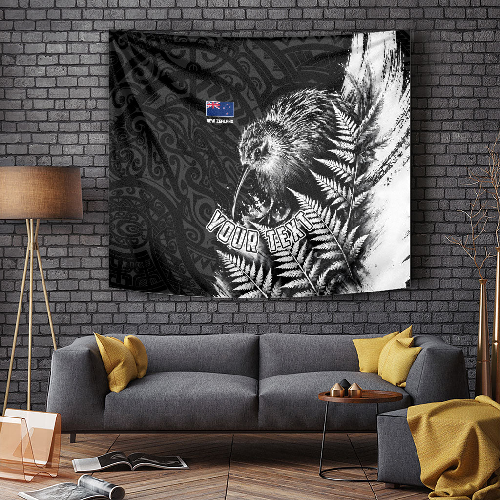 Personalized New Zealand Kiwi Bird Tapestry Grunge Maori Tribal Pattern Silver Fern TS04 Black White - Polynesian Pride