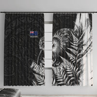 Personalized New Zealand Kiwi Bird Window Curtain Grunge Maori Tribal Pattern Silver Fern TS04 With Hooks Black White - Polynesian Pride