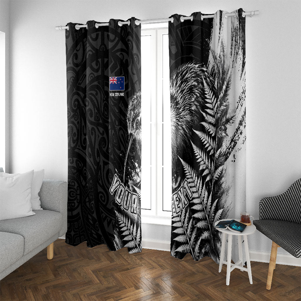 Personalized New Zealand Kiwi Bird Window Curtain Grunge Maori Tribal Pattern Silver Fern TS04 With Grommets Black White - Polynesian Pride