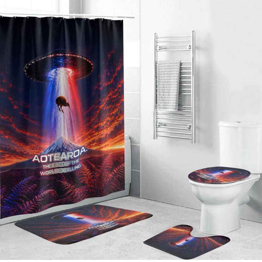 New Zealand Aotearoa Kiwi UFO Bathroom Set Sci-Fi Galaxy Sunset Sky Tower And Mountain TS04 Bathroom Set (4 pcs) Blue Red - Polynesian Pride