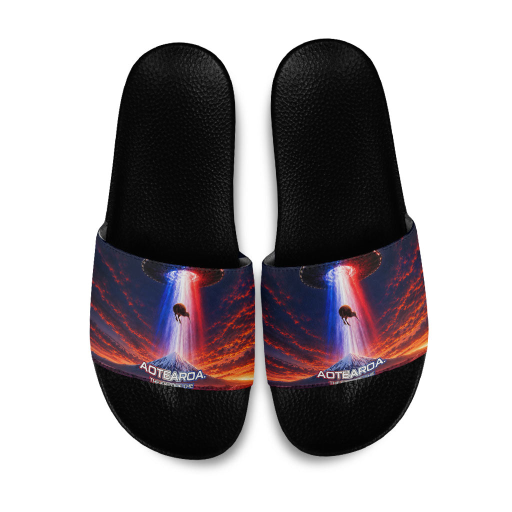 New Zealand Aotearoa Kiwi UFO Slide Sandals Sci-Fi Galaxy Sunset Sky Tower And Mountain TS04 Blue Red - Polynesian Pride