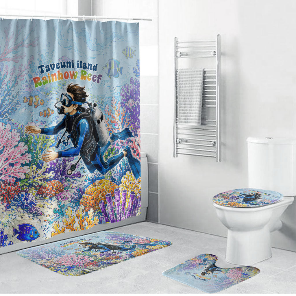 Fiji Taveuni Rainbow Reef Bathroom Set Scuba Diver Vibrant Undersea Coral Garden Watercolor TS04 Bathroom Set (4 pcs) Blue - Polynesian Pride