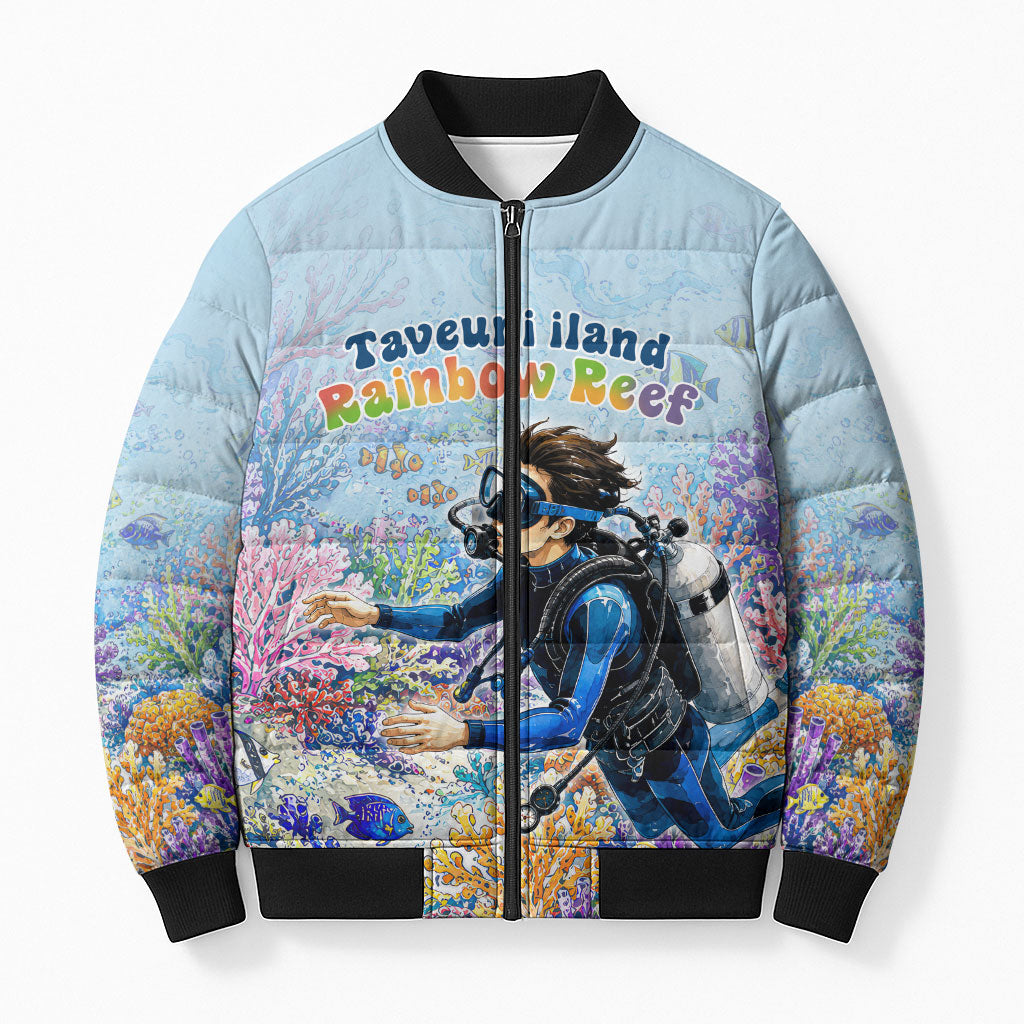 Fiji Taveuni Rainbow Reef Bomber Puffer Jacket Scuba Diver Vibrant Undersea Coral Garden Watercolor TS04 Unisex Blue - Polynesian Pride