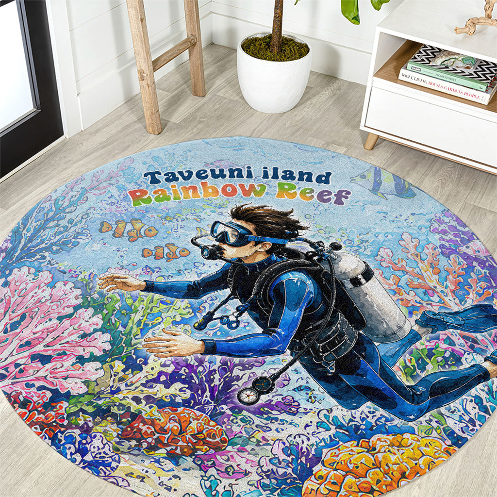 Fiji Taveuni Rainbow Reef Round Carpet Scuba Diver Vibrant Undersea Coral Garden Watercolor TS04 Blue - Polynesian Pride