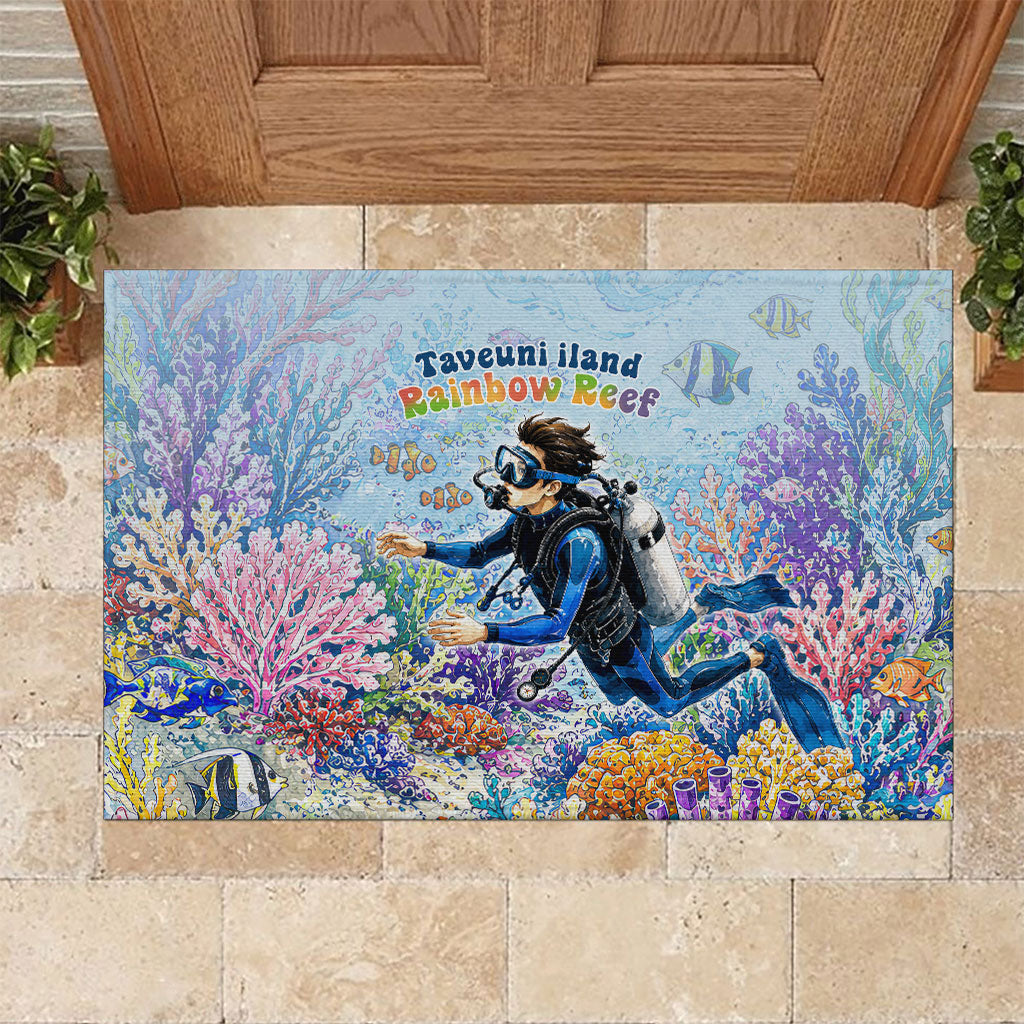 Fiji Taveuni Rainbow Reef Rubber Doormat Scuba Diver Vibrant Undersea Coral Garden Watercolor TS04 Blue - Polynesian Pride