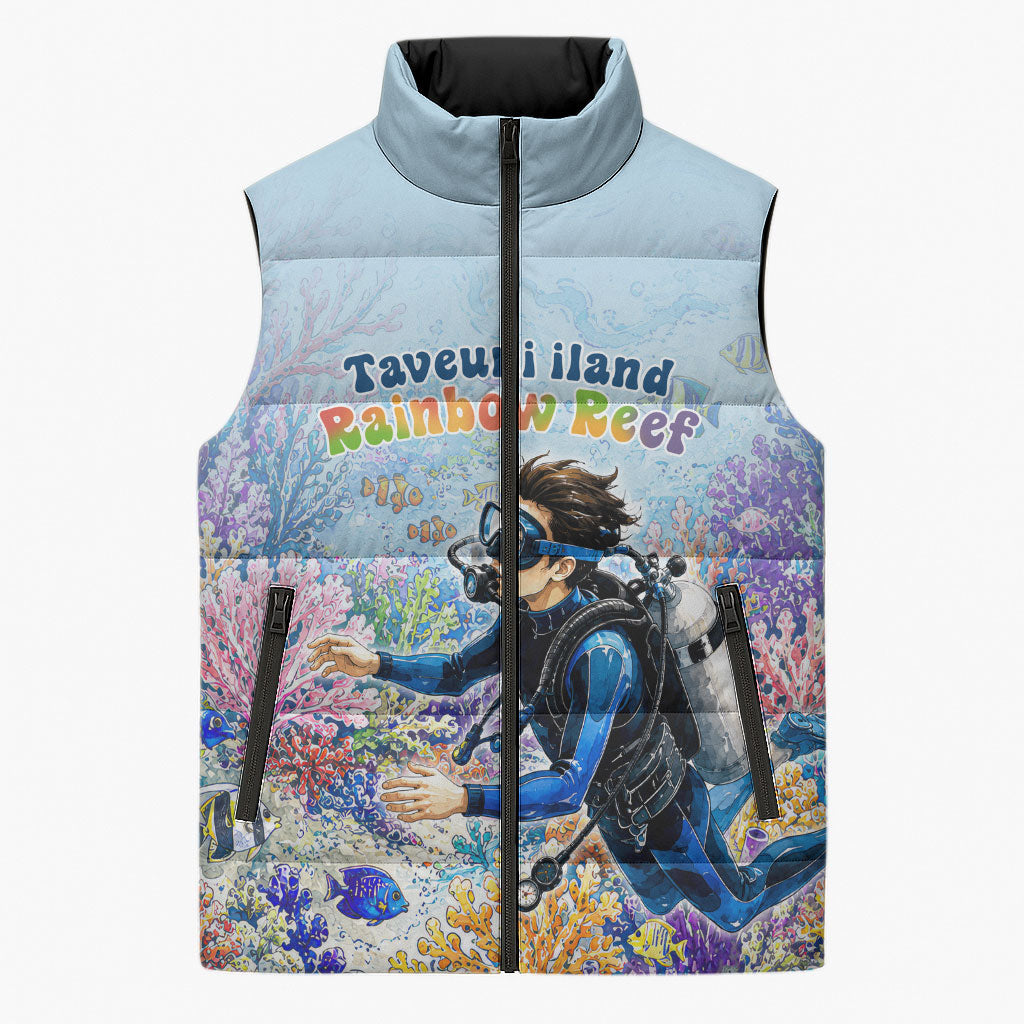 Fiji Taveuni Rainbow Reef Sleeveless Puffer Jacket Scuba Diver Vibrant Undersea Coral Garden Watercolor TS04 Unisex Blue - Polynesian Pride