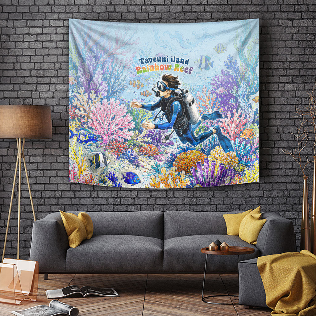 Fiji Taveuni Rainbow Reef Tapestry Scuba Diver Vibrant Undersea Coral Garden Watercolor TS04 Blue - Polynesian Pride