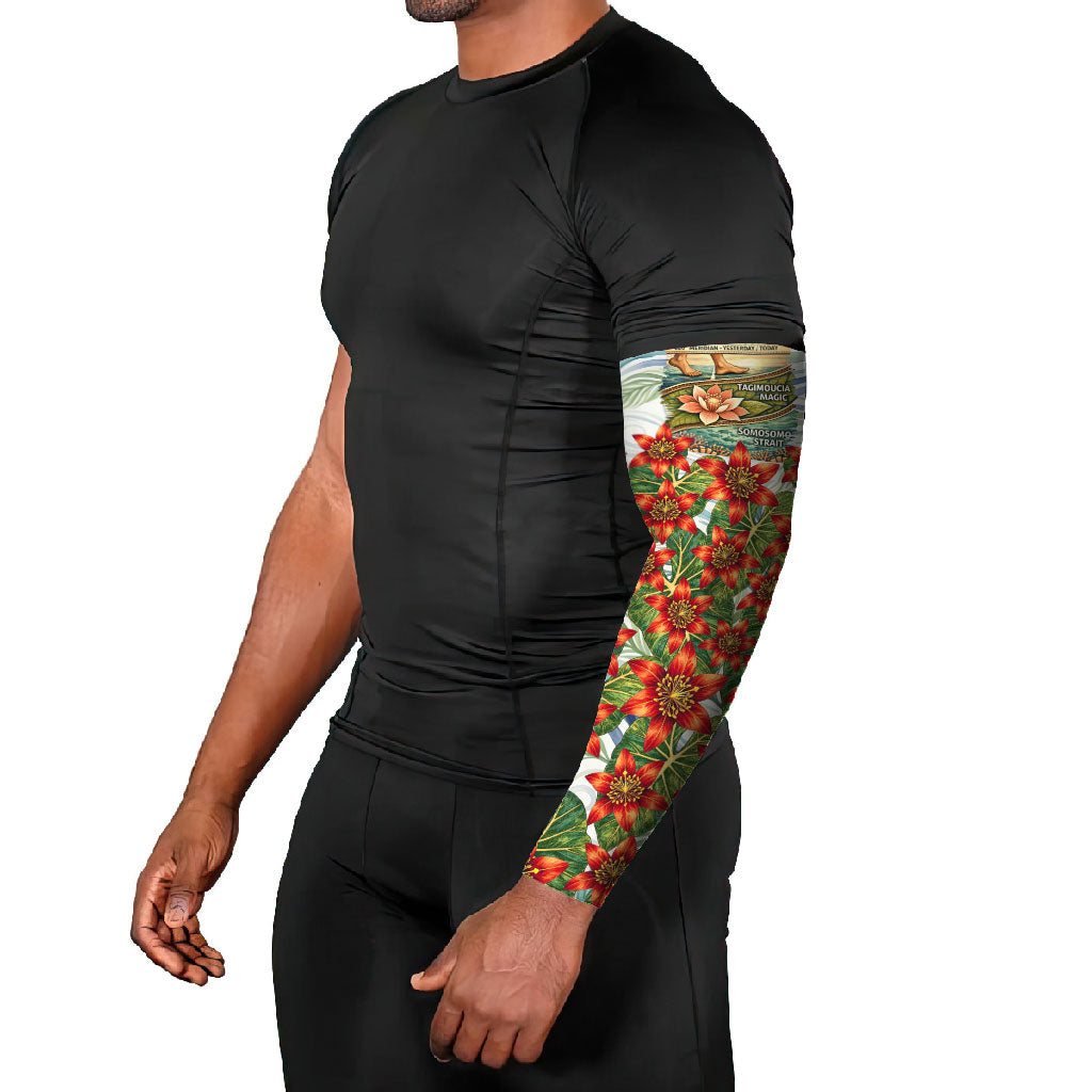 Fiji Taveuni Island Dateline Crossing Arm Sleeves Tropical Cultural Landscape With Tagimoucia Floral Pattern TS04 - Polynesian Pride