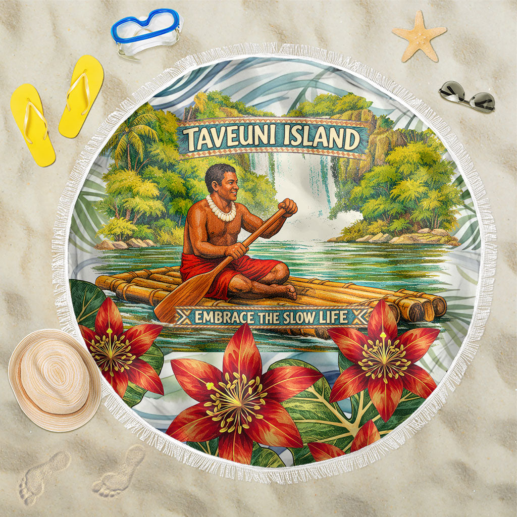 Fiji Taveuni Island Dateline Crossing Beach Blanket Tropical Cultural Landscape With Tagimoucia Floral Pattern TS04 One Size 150cm White Green - Polynesian Pride