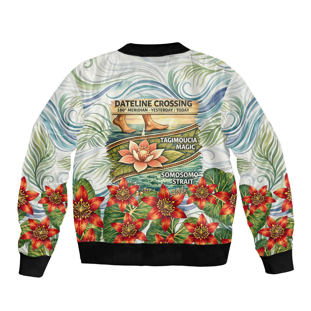 Fiji Taveuni Island Dateline Crossing Bomber Jacket Tropical Cultural Landscape With Tagimoucia Floral Pattern TS04 - Polynesian Pride