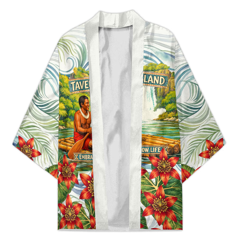 Fiji Taveuni Island Dateline Crossing Kimono Tropical Cultural Landscape With Tagimoucia Floral Pattern TS04 Unisex White Green - Polynesian Pride