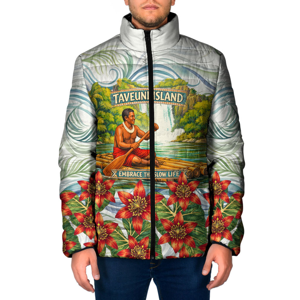 Fiji Taveuni Island Dateline Crossing Padded Jacket Tropical Cultural Landscape With Tagimoucia Floral Pattern TS04 Men White Green - Polynesian Pride