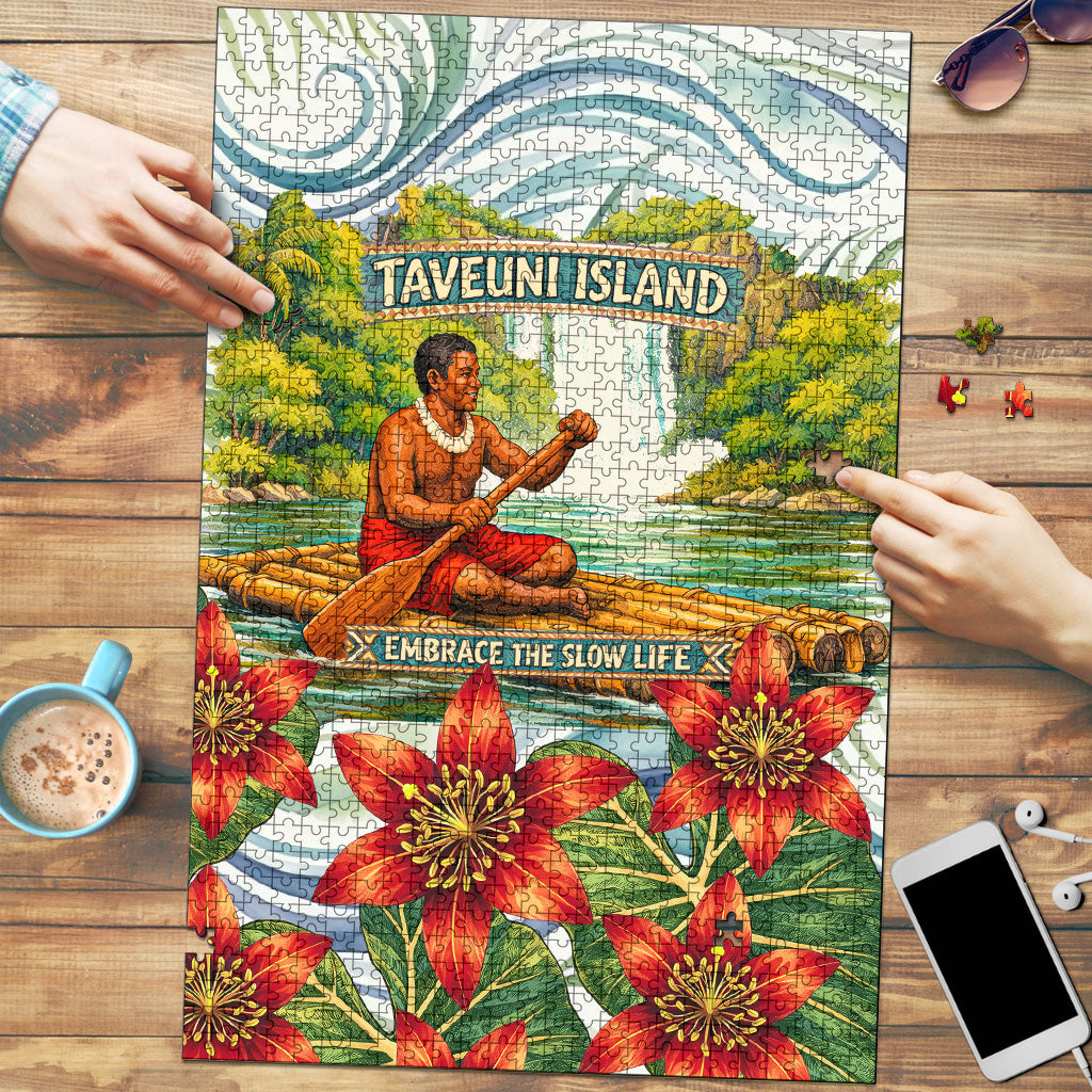 Fiji Taveuni Island Dateline Crossing Puzzle Tropical Cultural Landscape With Tagimoucia Floral Pattern TS04 White Green - Polynesian Pride