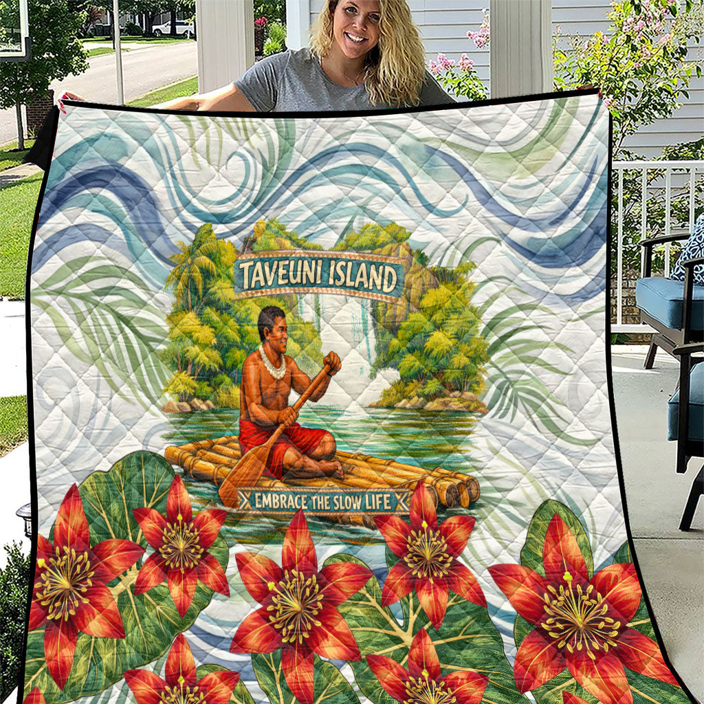 Fiji Taveuni Island Dateline Crossing Quilt Tropical Cultural Landscape With Tagimoucia Floral Pattern TS04 White Green - Polynesian Pride