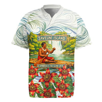 Fiji Taveuni Island Dateline Crossing Rugby Jersey Tropical Cultural Landscape With Tagimoucia Floral Pattern TS04 White Green - Polynesian Pride