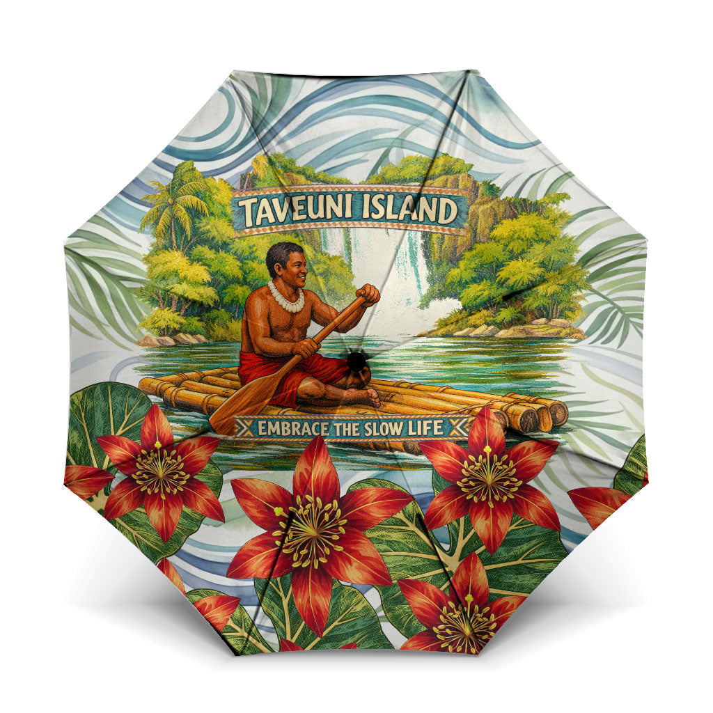 Fiji Taveuni Island Dateline Crossing Umbrella Tropical Cultural Landscape With Tagimoucia Floral Pattern TS04 One Size Folded 11.42 inch Opened Diameter 37.4 inch White Green - Polynesian Pride