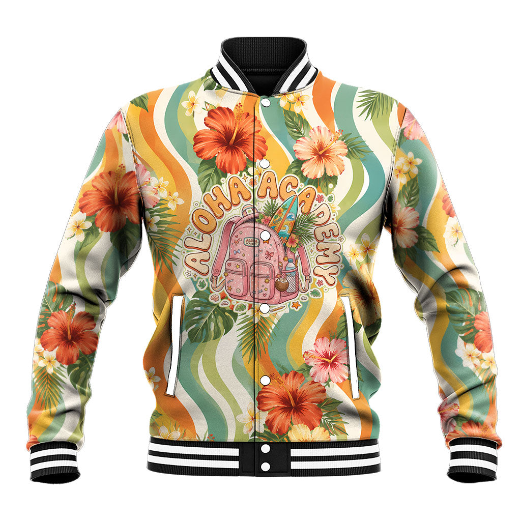 Hawaii Aloha Academy Back To School Baseball Jacket Sea Turtle Tropical Hibiscus Flowers Retro Psychedelic TS04 Unisex Orange Green - Polynesian Pride
