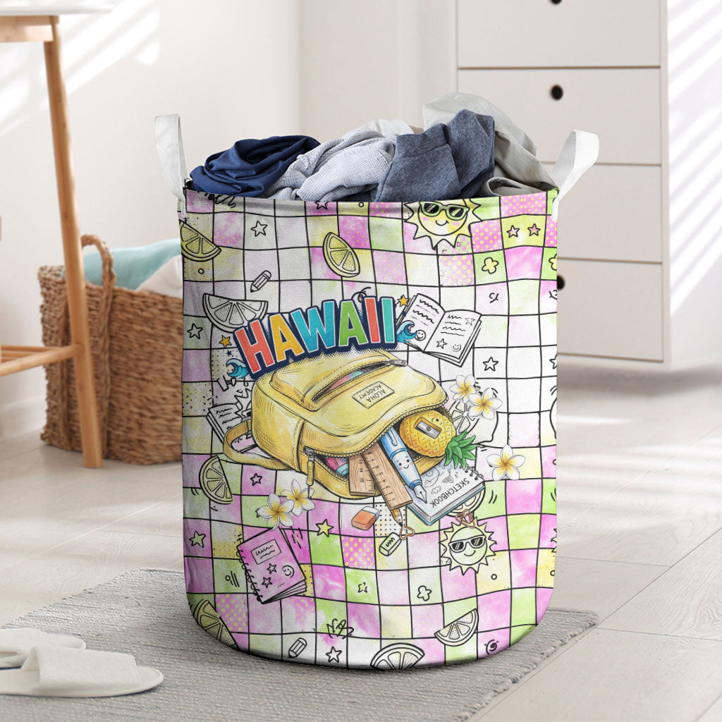 Hawaii Cruising Back To School Laundry Basket Grid Pattern With School Bag And Vintage Surf Van TS04 White Yellow - Polynesian Pride