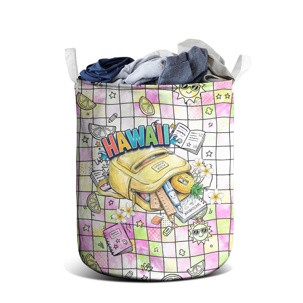 Hawaii Cruising Back To School Laundry Basket Grid Pattern With School Bag And Vintage Surf Van TS04 - Polynesian Pride