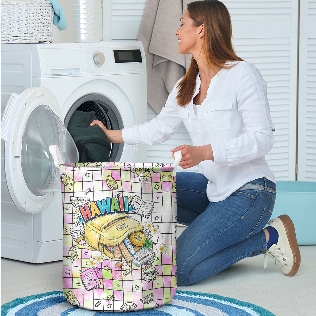 Hawaii Cruising Back To School Laundry Basket Grid Pattern With School Bag And Vintage Surf Van TS04 - Polynesian Pride