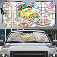 Hawaii Cruising Back To School Auto Sun Shade Grid Pattern With School Bag And Vintage Surf Van TS04 White Yellow - Polynesian Pride