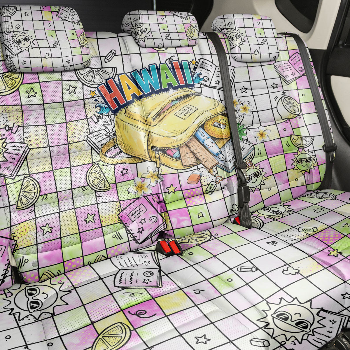 Hawaii Cruising Back To School Back Car Seat Cover Grid Pattern With School Bag And Vintage Surf Van TS04 - Polynesian Pride