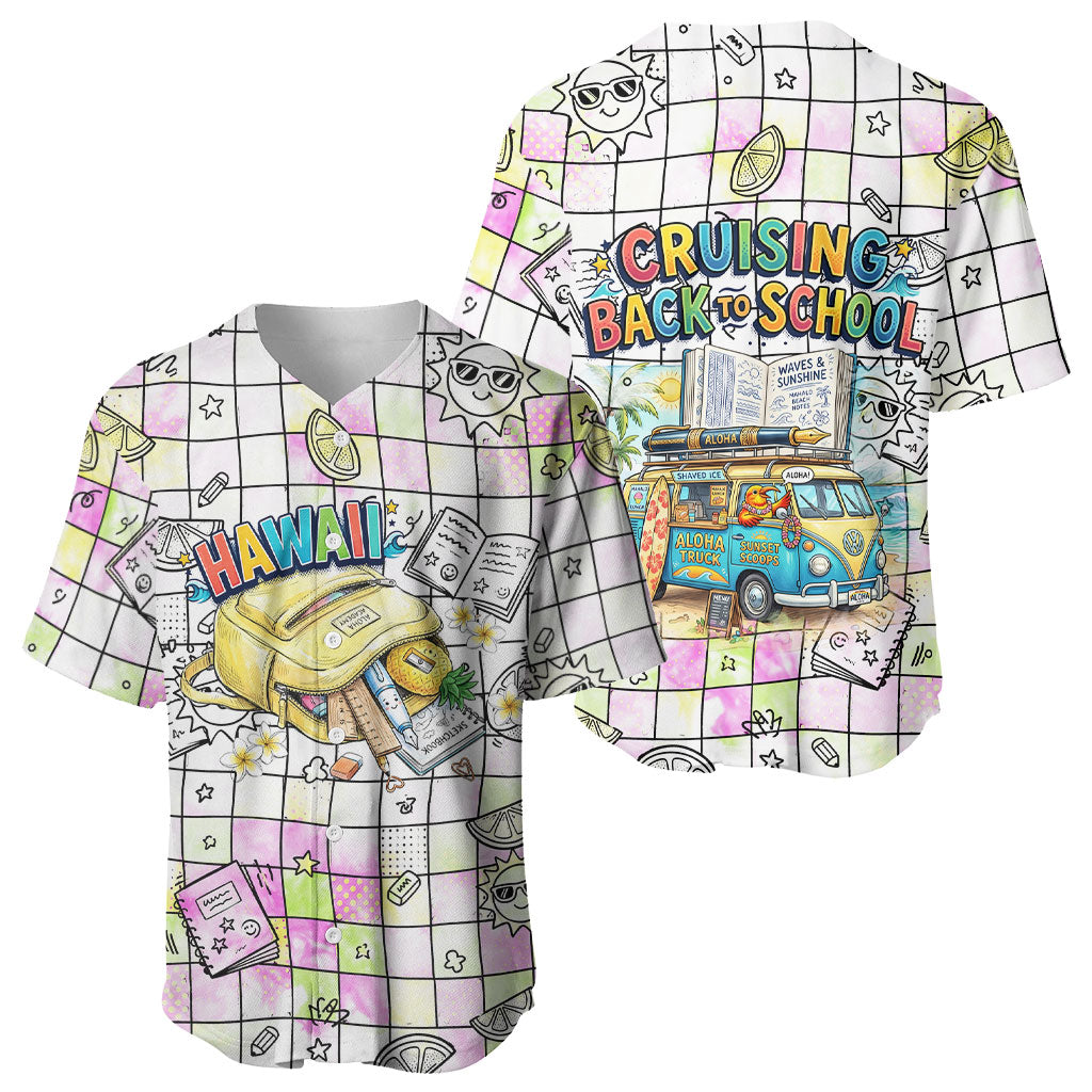 Hawaii Cruising Back To School Baseball Jersey Grid Pattern With School Bag And Vintage Surf Van TS04 - Polynesian Pride