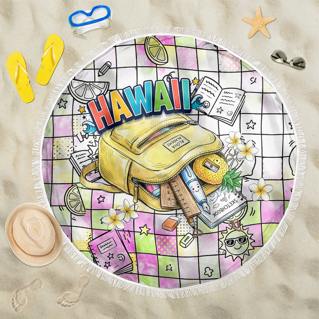 Hawaii Cruising Back To School Beach Blanket Grid Pattern With School Bag And Vintage Surf Van TS04 One Size 150cm White Yellow - Polynesian Pride