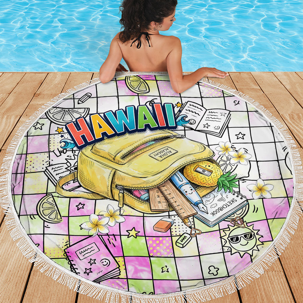 Hawaii Cruising Back To School Beach Blanket Grid Pattern With School Bag And Vintage Surf Van TS04 - Polynesian Pride