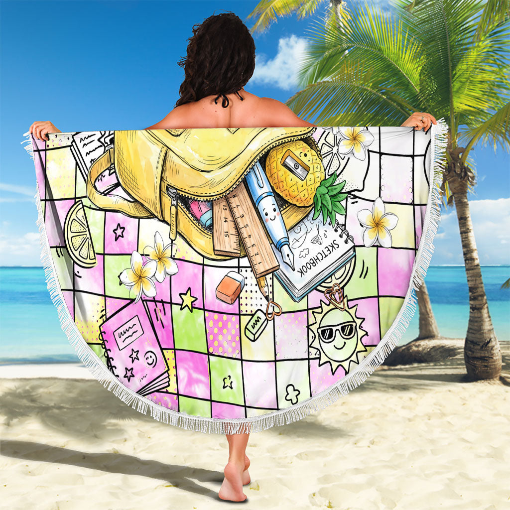 Hawaii Cruising Back To School Beach Blanket Grid Pattern With School Bag And Vintage Surf Van TS04 - Polynesian Pride