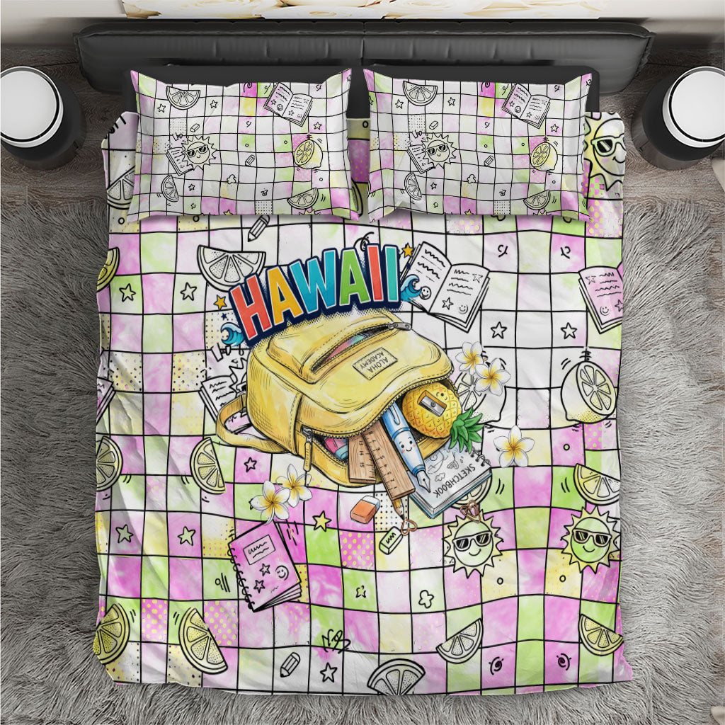 Hawaii Cruising Back To School Bedding Set Grid Pattern With School Bag And Vintage Surf Van TS04 White Yellow - Polynesian Pride