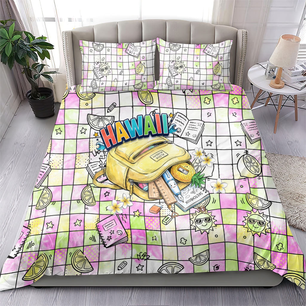 Hawaii Cruising Back To School Bedding Set Grid Pattern With School Bag And Vintage Surf Van TS04 - Polynesian Pride