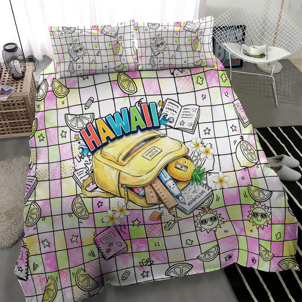 Hawaii Cruising Back To School Bedding Set Grid Pattern With School Bag And Vintage Surf Van TS04 - Polynesian Pride
