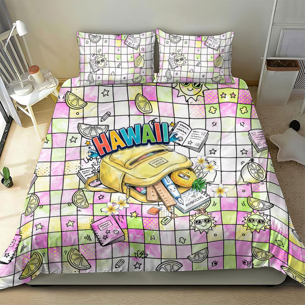 Hawaii Cruising Back To School Bedding Set Grid Pattern With School Bag And Vintage Surf Van TS04 - Polynesian Pride