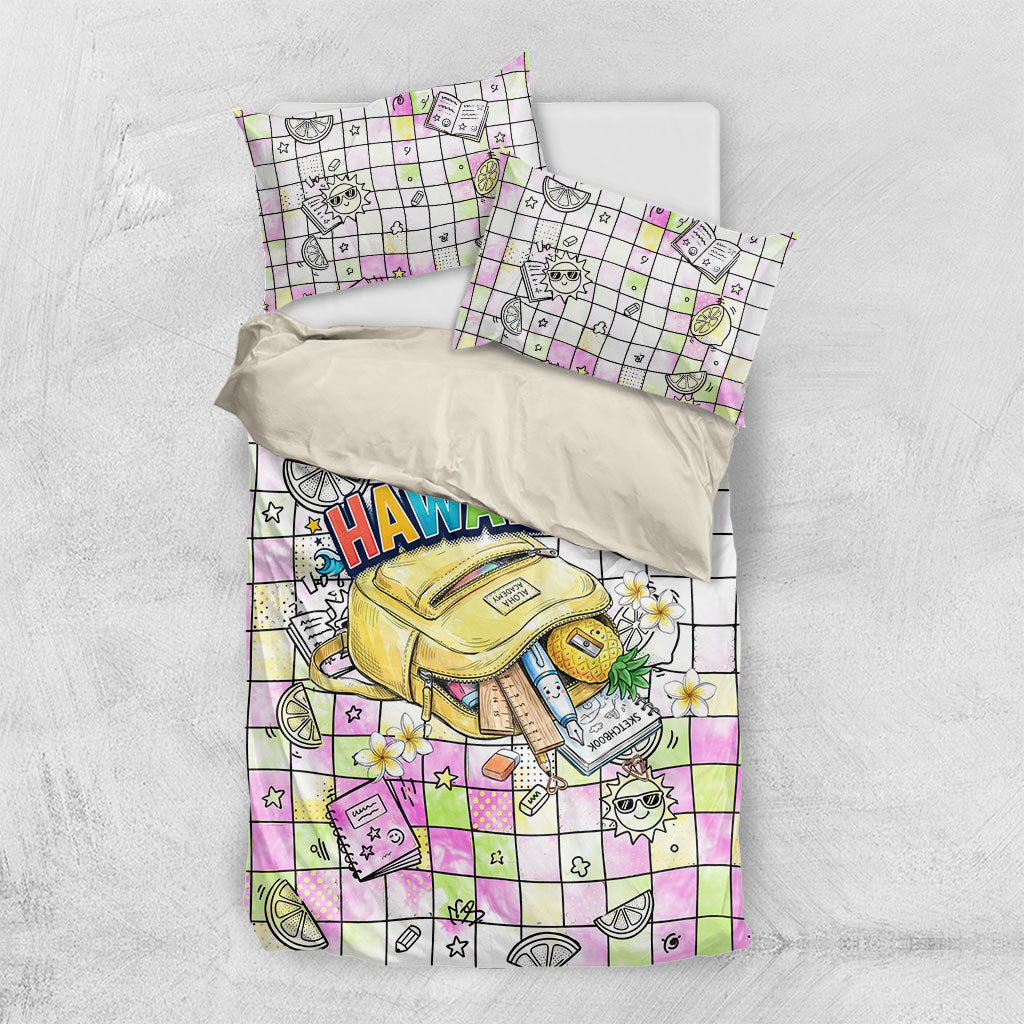 Hawaii Cruising Back To School Bedding Set Grid Pattern With School Bag And Vintage Surf Van TS04 US Twin 172cm x 218cm White Yellow - Polynesian Pride