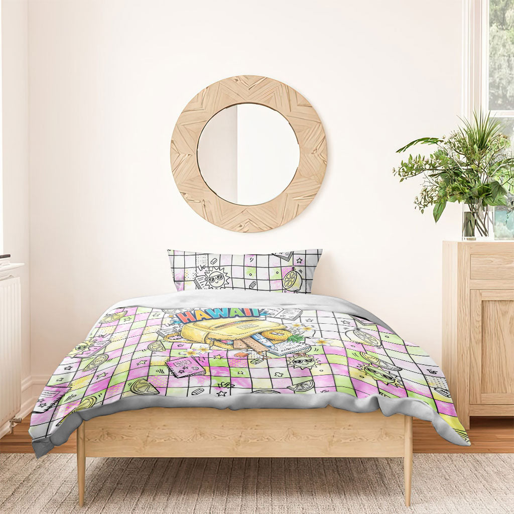 Hawaii Cruising Back To School Bedding Set Grid Pattern With School Bag And Vintage Surf Van TS04 - Polynesian Pride