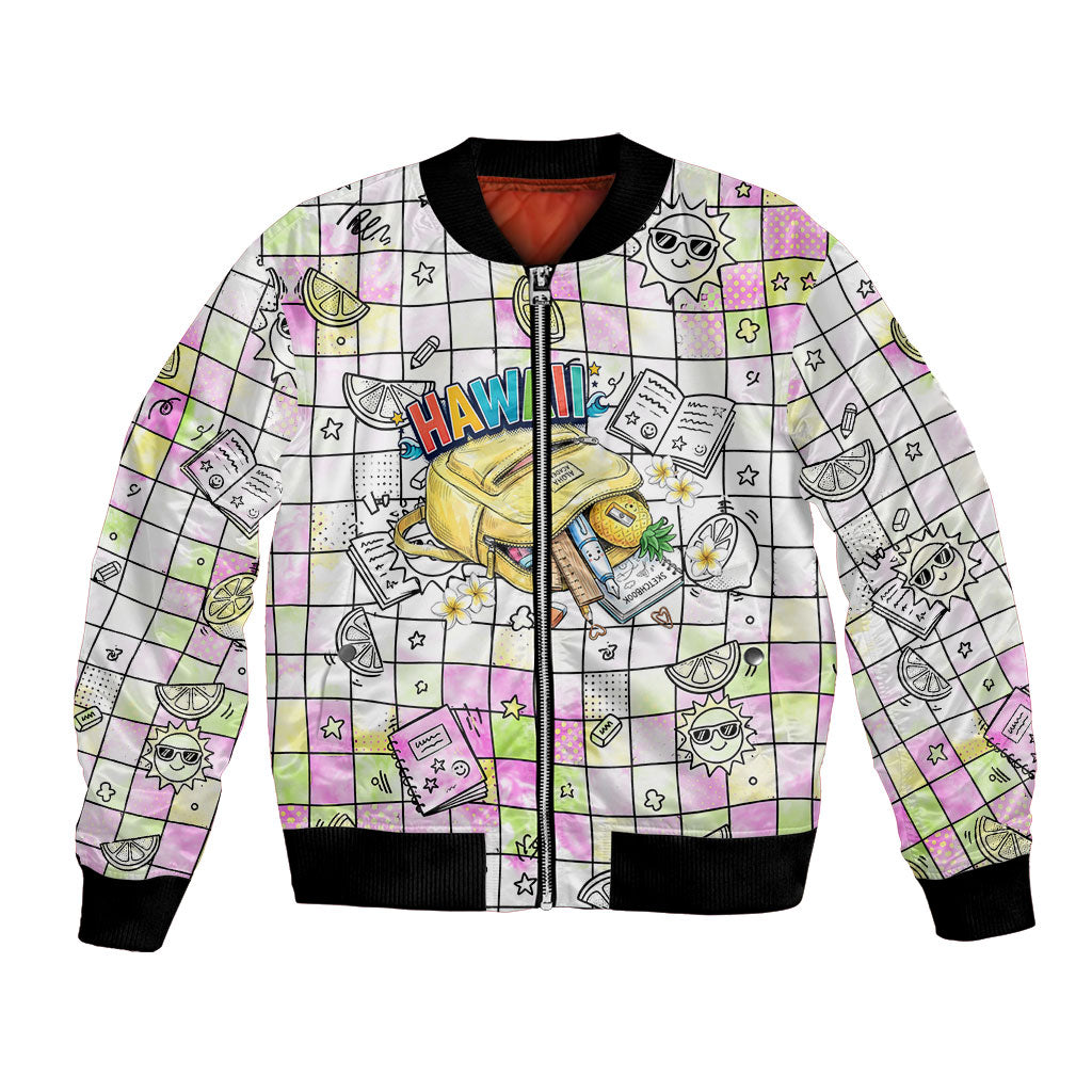 Hawaii Cruising Back To School Bomber Jacket Grid Pattern With School Bag And Vintage Surf Van TS04 Unisex White Yellow - Polynesian Pride