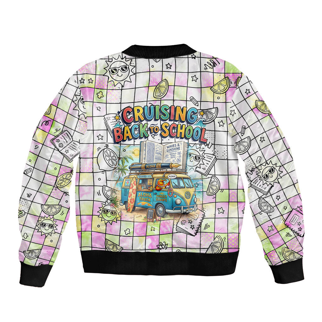 Hawaii Cruising Back To School Bomber Jacket Grid Pattern With School Bag And Vintage Surf Van TS04 - Polynesian Pride