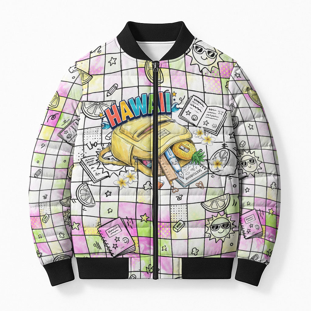 Hawaii Cruising Back To School Bomber Puffer Jacket Grid Pattern With School Bag And Vintage Surf Van TS04 Unisex White Yellow - Polynesian Pride