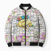 Hawaii Cruising Back To School Bomber Puffer Jacket Grid Pattern With School Bag And Vintage Surf Van TS04 Unisex White Yellow - Polynesian Pride