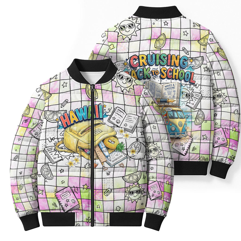 Hawaii Cruising Back To School Bomber Puffer Jacket Grid Pattern With School Bag And Vintage Surf Van TS04 - Polynesian Pride