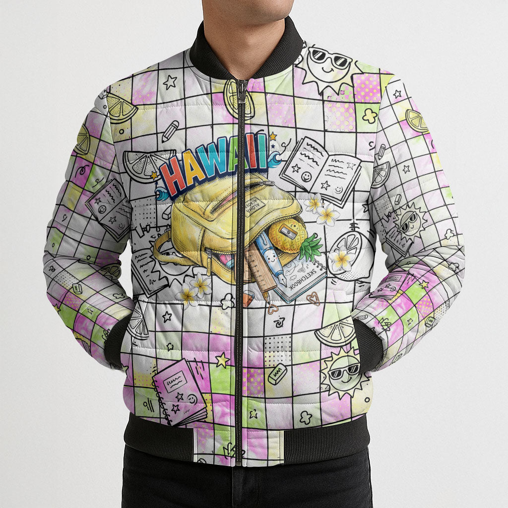 Hawaii Cruising Back To School Bomber Puffer Jacket Grid Pattern With School Bag And Vintage Surf Van TS04 - Polynesian Pride