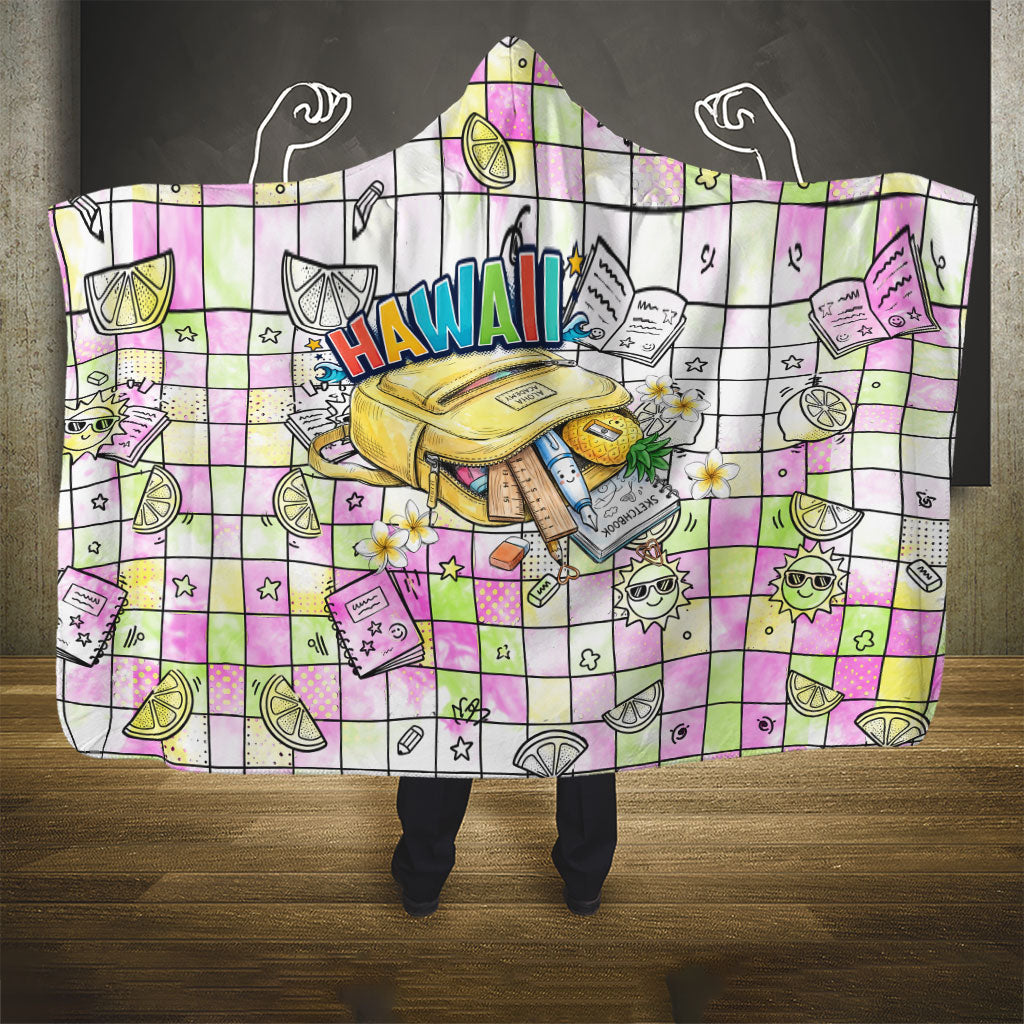 Hawaii Cruising Back To School Hooded Blanket Grid Pattern With School Bag And Vintage Surf Van TS04 - Polynesian Pride