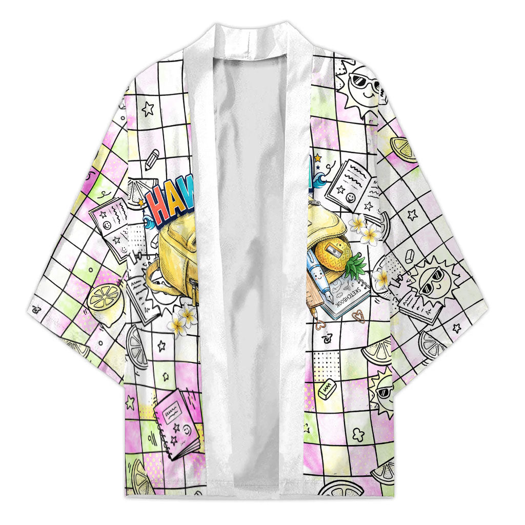 Hawaii Cruising Back To School Kimono Grid Pattern With School Bag And Vintage Surf Van TS04 Unisex White Yellow - Polynesian Pride