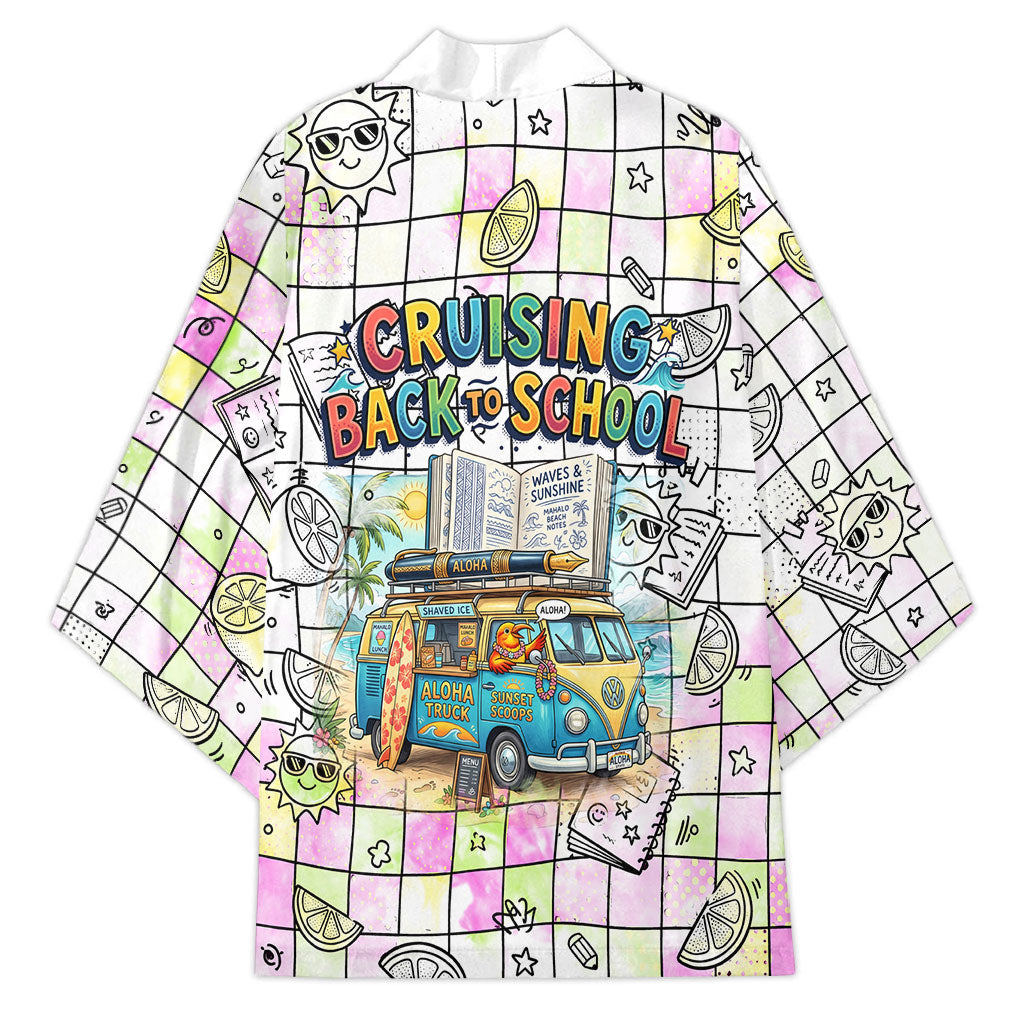 Hawaii Cruising Back To School Kimono Grid Pattern With School Bag And Vintage Surf Van TS04 - Polynesian Pride