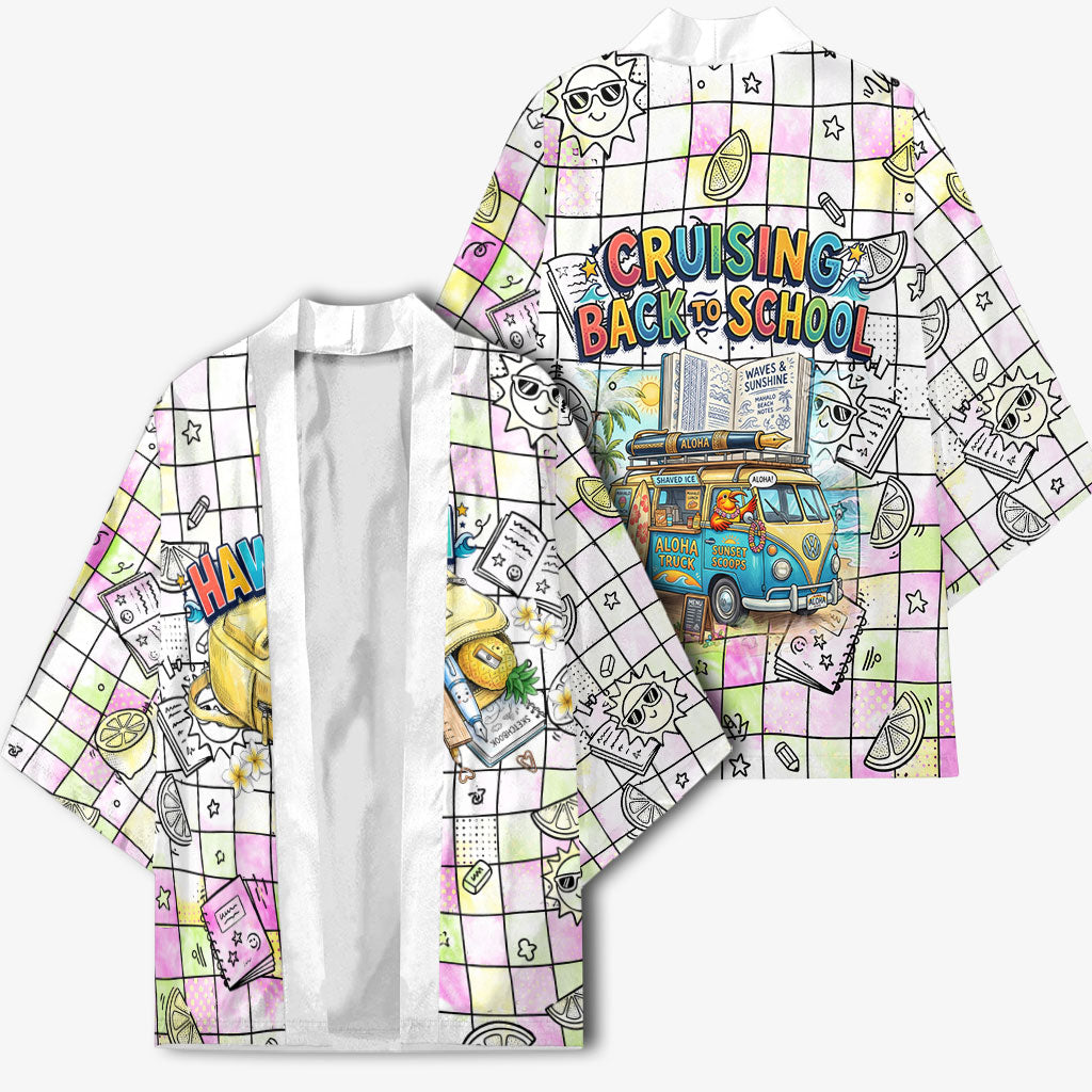 Hawaii Cruising Back To School Kimono Grid Pattern With School Bag And Vintage Surf Van TS04 - Polynesian Pride