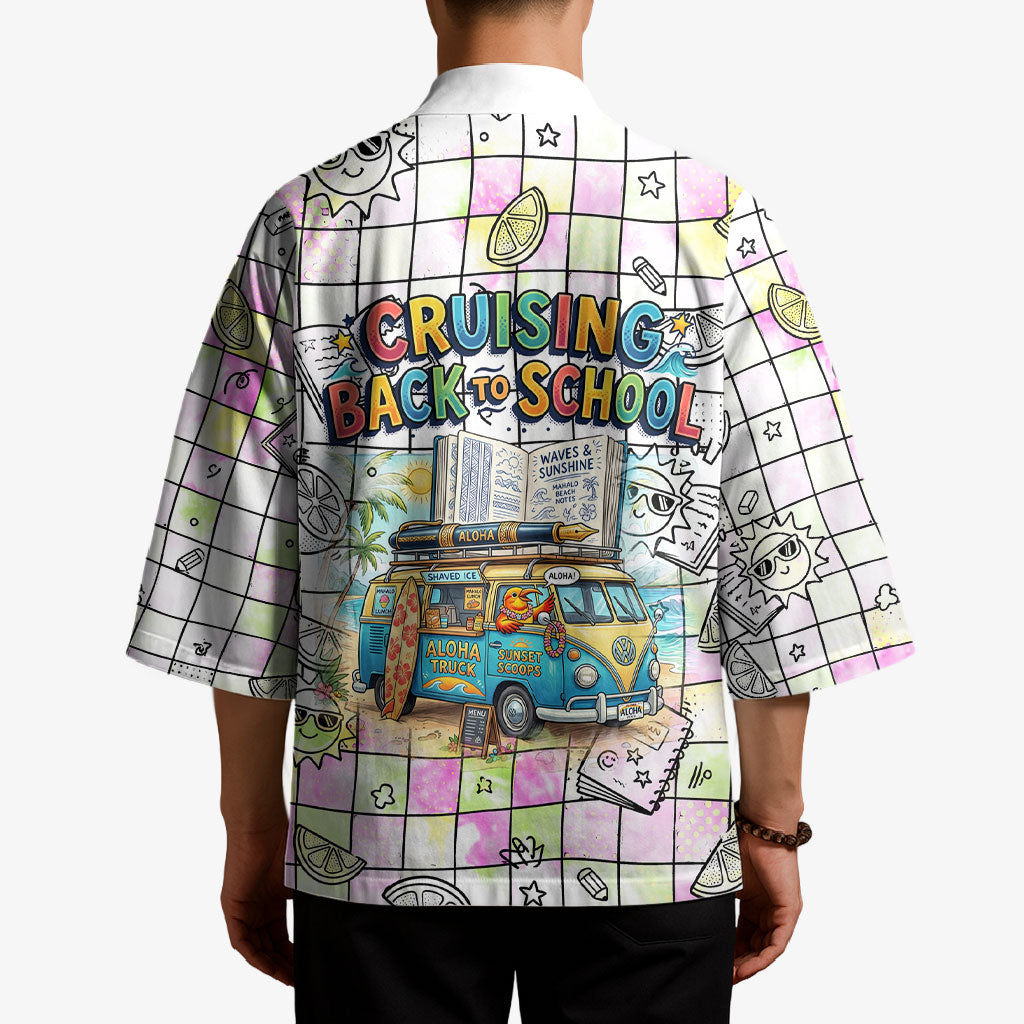 Hawaii Cruising Back To School Kimono Grid Pattern With School Bag And Vintage Surf Van TS04 - Polynesian Pride