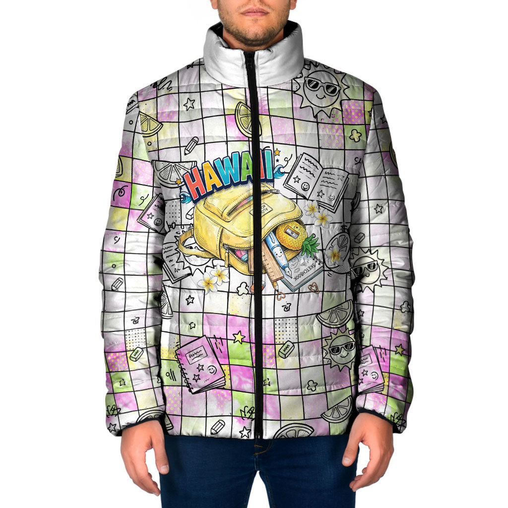 Hawaii Cruising Back To School Padded Jacket Grid Pattern With School Bag And Vintage Surf Van TS04 Men White Yellow - Polynesian Pride
